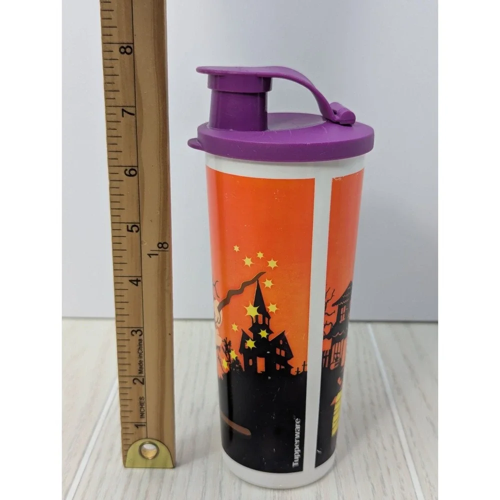 Tupperware 16 oz Halloween Witch Flip‎ Top Plastic Tumbler Cup orange purple